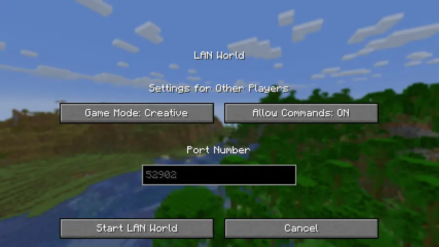 Minecraft's LAN World screen: "Settings for Other Players" with Game Mode: Creative and Allow Commands: ON, a Port Number field showing 52902, and a Start LAN World button.