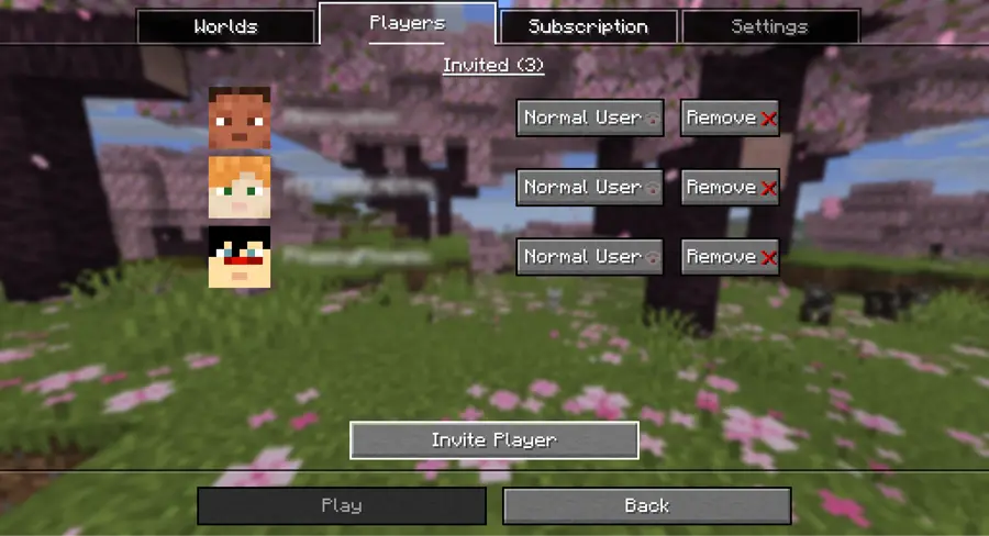 The Players tab of a Minecraft Realm showing "Invited (3)" with three player skins, each marked Normal User, and an Invite Player button.