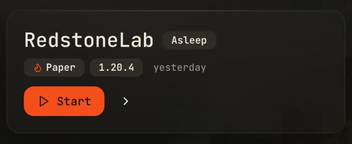 A Voxi world card for a world called RedstoneLab, labelled Asleep: a Paper 1.20.4 server last played yesterday, with a Start button.